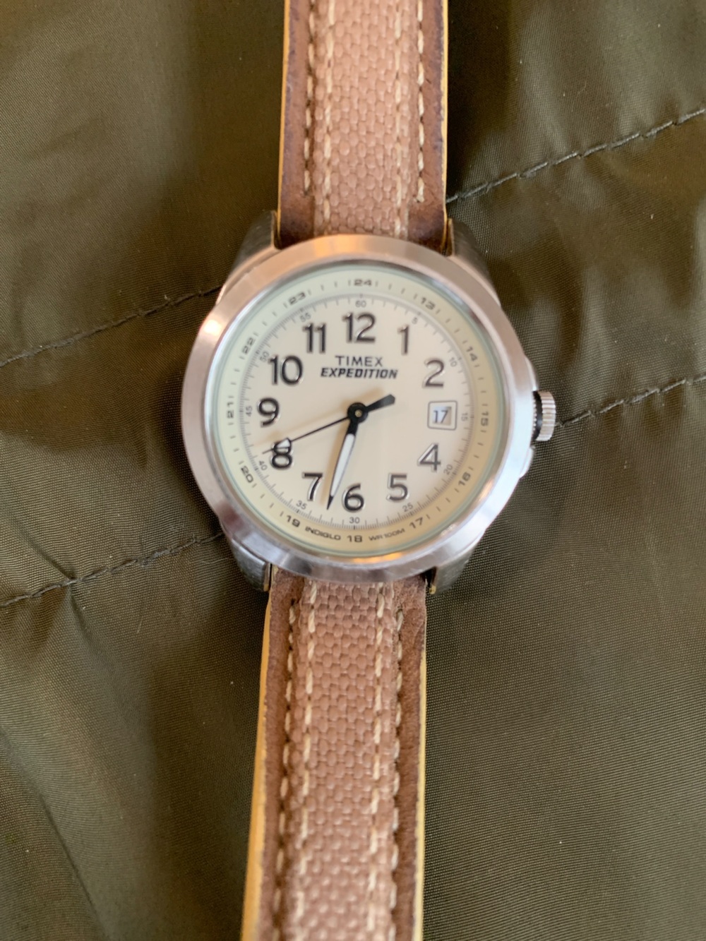 TIMEX EXPEDITION FIELD WATCH with ivory face and leather/canvas band